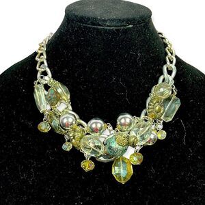 Silver Iridescent Blue Bead Glass Necklace